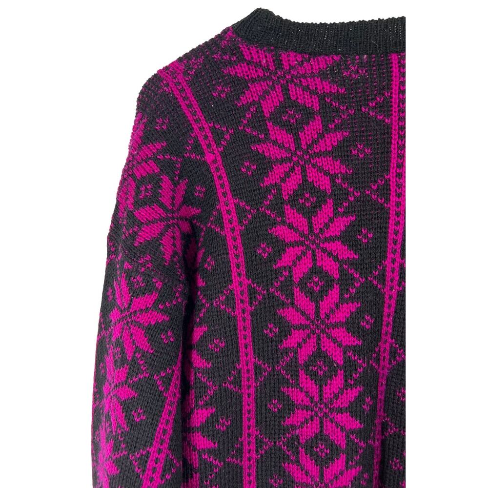 Nordstrikk Norway Sweater Women Large Virgin Wool Black Fuchsia Floral Pullover - Picture 4 of 14